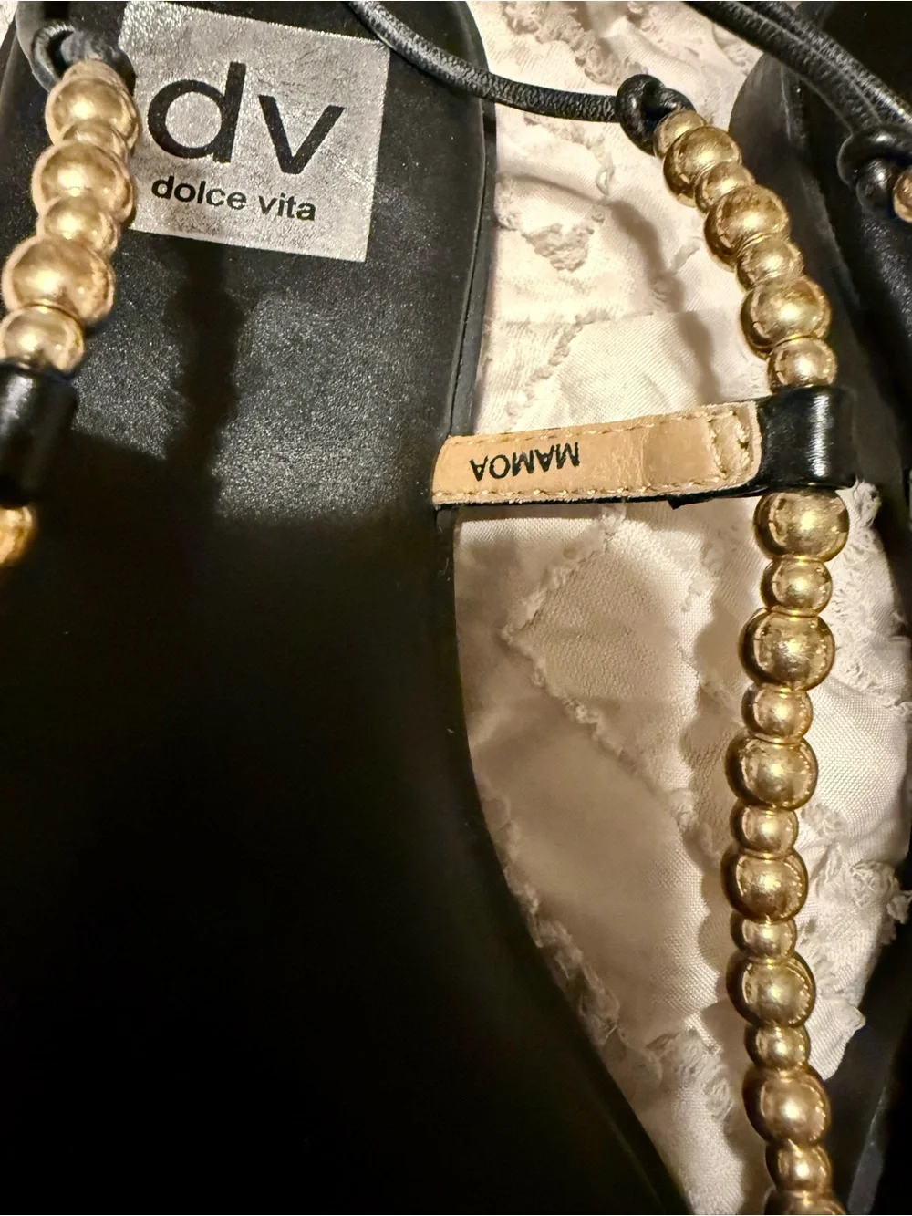 DV by Dolce Vita Black Leather Lace-Up Sandals with Gold Beaded Straps